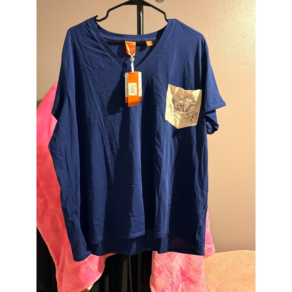 Con.struct Blue Pocket T with Cat Drawings on Pocket Short Sleeve Sz XXL